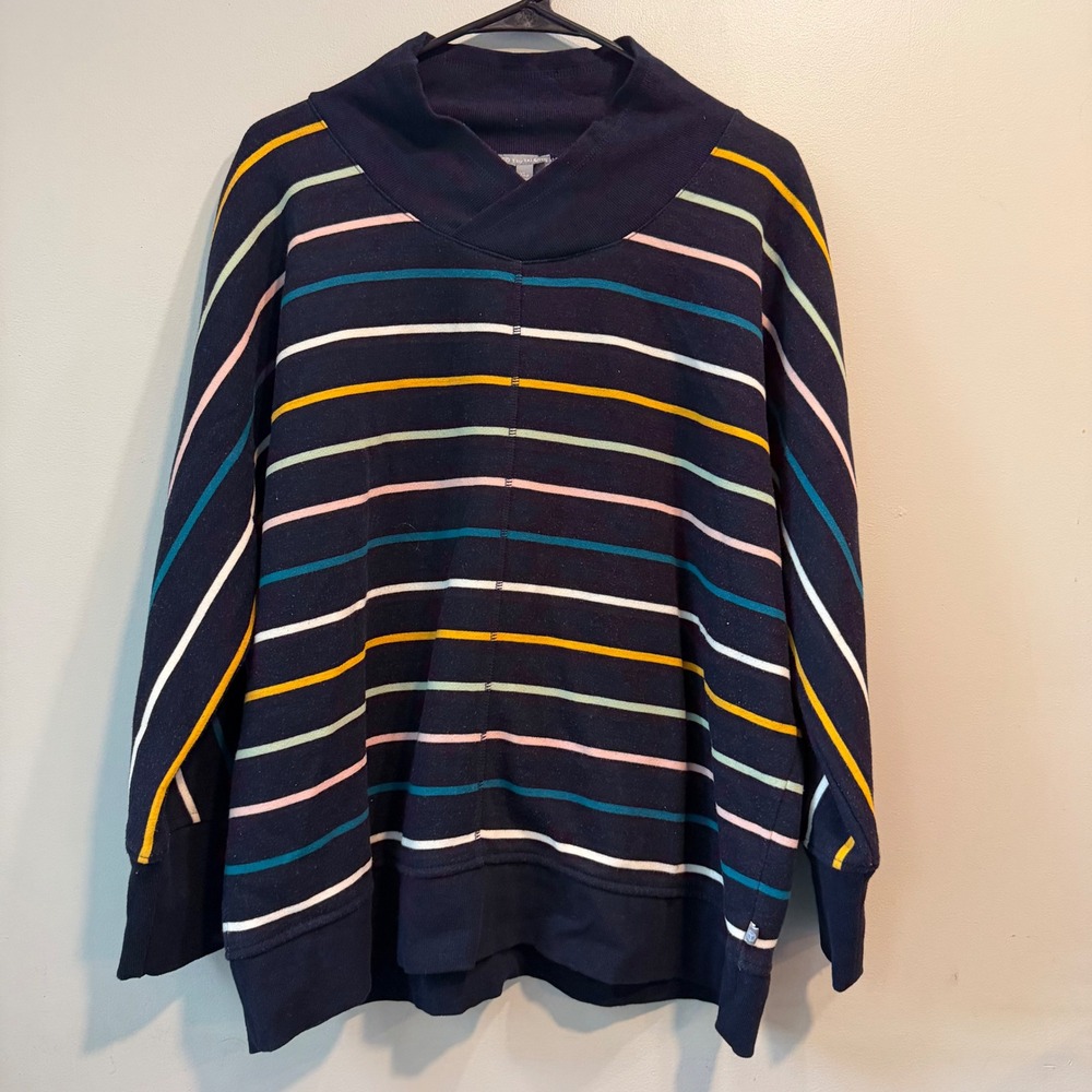 T by Talbots Womens XL Petite Navy Blue Striped Funnel Neck Sweatshirt‎ ID2726